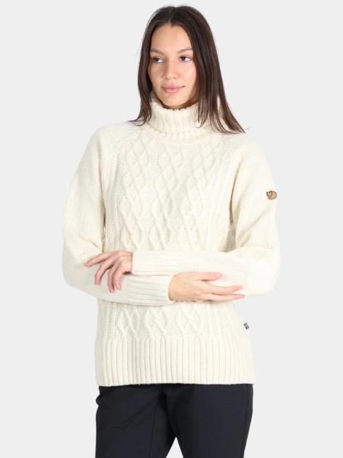 Fjallraven Övik Cable Knit Roller Neck W női kötött pulóver homok színben 2